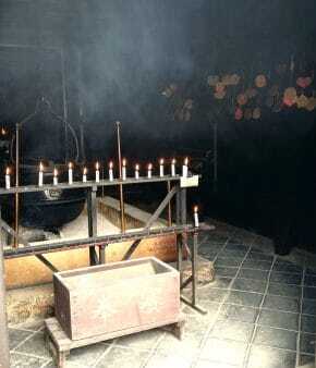 Inside the hall of the eternal Flame Miyajima Japan