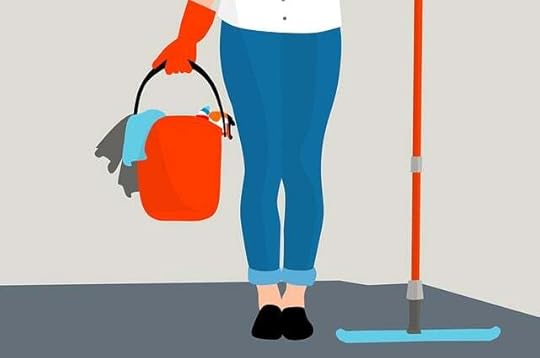 Sketch of a person in jeans with a buket, rags, and a mop.