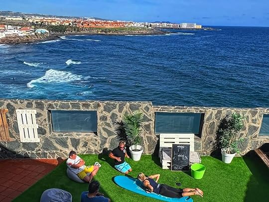 View onto the terrace and overlooking the sea at the High Voltage Adventure Apartment in Gran Canaria.