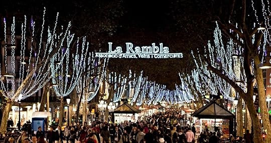 La Rambla festive lights and markets in Barcelona, Spain