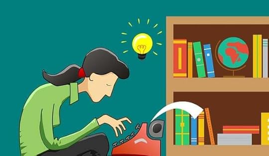 Colorful sketch of a dark-haired woman in a green sweeater bending over her typewriter, beside a bookcase filled with multi-colored books.