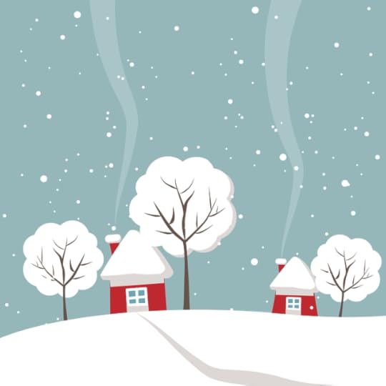 sketch of two red houses with snow-covered rooves, three fluffy, snowy trees against a blue background with snowflakes.