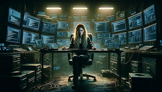 Una donna hacker seria con lunghi capelli biondi nel suo covo. Lo scenario, in stile pittorico e in formato 16:9, mostra un ambiente scarsamente illuminato, dotato di tecnologia avanzata. Sono visibili più schermi di computer che mostrano codici e strumenti di hacking. La donna è seduta al centro, a una grande scrivania, circondata da un caotico intreccio di cavi, gadget e monitor. L'atmosfera della stanza è tesa e inquietante, con ombre che accentuano un'aura di segretezza. Lei è intensamente concentrata sul suo lavoro, esprimendo determinazione e serietà nel suo sguardo e nella sua postura.