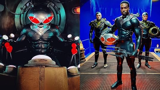 Black Manta from Aquaman 2, Aquaman and the Lost Kingdom, in costume with big red eyes, both masked and unmasked