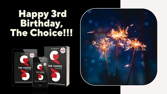 Three copies of The Choice one early reader, one on a phone and one in paperback, beside three lit sparklers.
