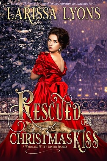 book cover with a regency lady in a bright red dress in front of a sleeting london neighborhood and pine tree