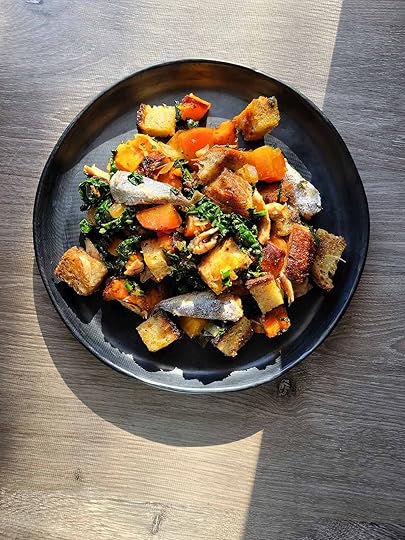 A plate of panzanella di mare done as a winter panzanella, in the fading light of November.