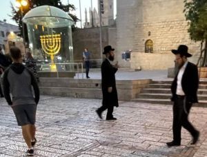 Two Orthodox men, one American tourist, and a menorah
