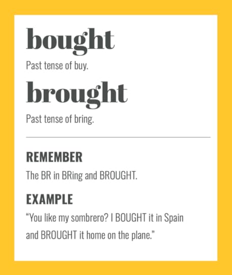 Confusables: BOUGHT and BROUGHT. Simple spelling tips to remember the difference, from The Little Book of Confusables
