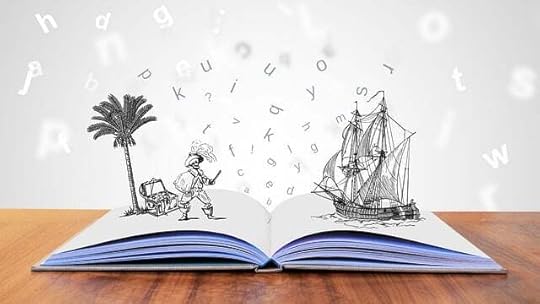 Open storybook with pirate ship, pirate, and treasure popping out of it.