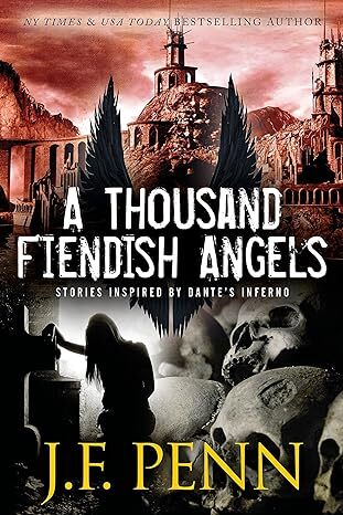 Book Cover: An ancient village ona hill with a pile of skulls and a woman sitting with her head down and angel's wings oin the foreground.