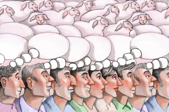 Image: an illustration of a row of people whose faces are seen from the side. From their heads emanate a series of white cartoon-style thought bubbles, which morph into a flock of sheep.