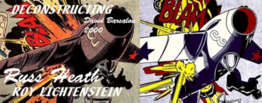 Russ Heath's comic panel of an exploding plane with a man falling out beside Lichtenstein's "Blam!"