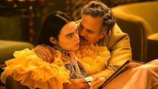 MArk Ruffalo and his mustache holds Emma Stone in a puffy dress in an image from Poor Things, Poor Things is a 2024 Oscar nominee