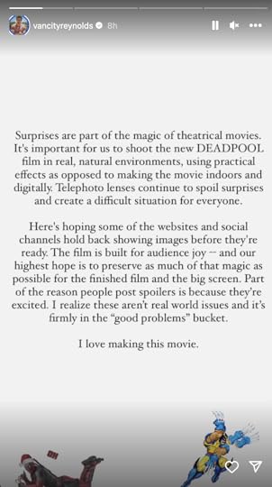 screen shot of statement by ryan reynolds about people showing leaked images from deadpool 3 set