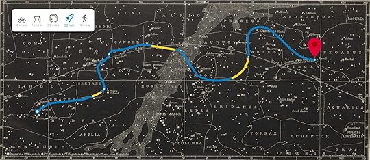 Google Maps do espaço sideral, indicando um trajeto que cruza a galáxia e o tempo para concluí-lo, de acordo com cada modalidade de transporte.