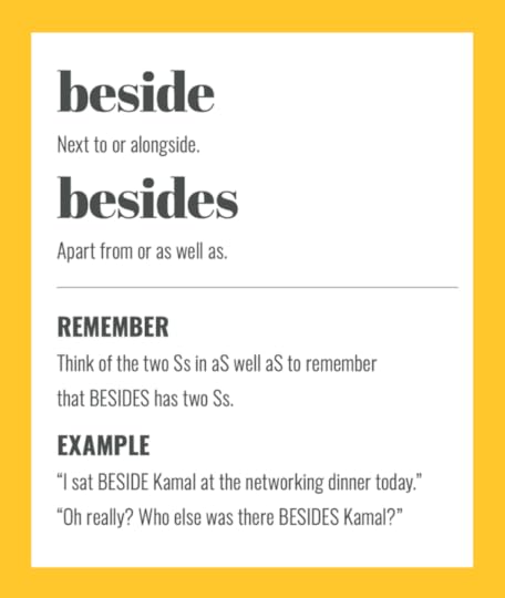 Confusables: BESIDE and BESIDES. Simple spelling tips to remember the difference, from The Little Book of Confusables
