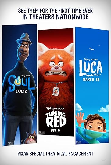 A trio of posters for Soul, Turning Red, and Luca showing the release dates for the Pixar movies in theaters