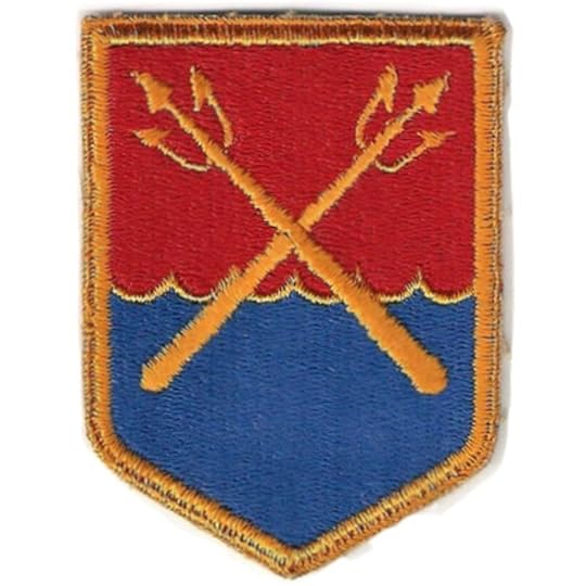 A patch with a red background and blue stylized waves at the bottom. Over the top are two golden tridents crossed in the shape on an x. A gold border lines the patch.