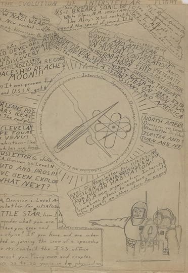 A yellowed page with pencil sketches of astronauts with a collage of handwritten newspaper headlines