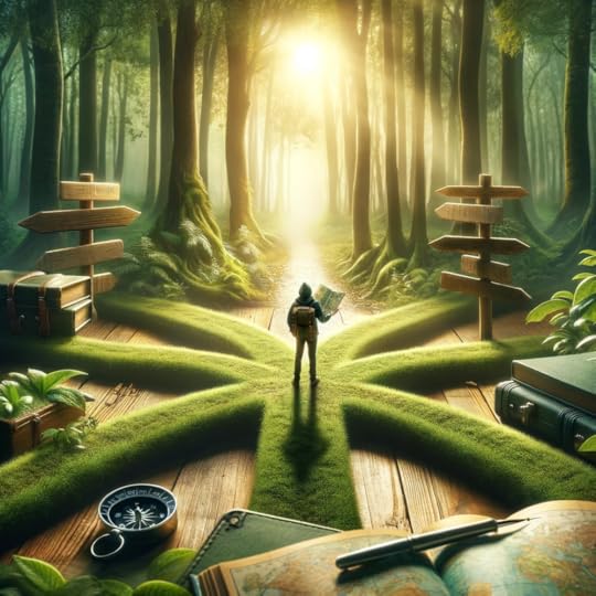A curious person looking at a map with green paths going off in several directions with a shining light of curiosity to guide him.