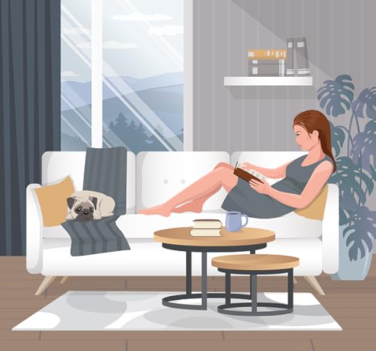 sketch of a woman in a dress reading on a white couch, with a pug dog on the other end of the couch. A stack of books and a coffee are on a table beside her. A plant is behind her. More books are on a shelf above her. The slideing doors look out over mountains.