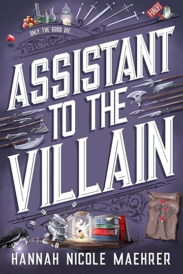 The cover of Assistant to the Villain showing a knight's helmet, a stack of books, and a jar