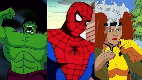 From left: Hulk reeling back and roaring in the 1996 Incredible Hulk animated series; Spider-Man looking pensive in the 1994 Spider-Man animated series; and Rogue taking off her glove in the 1992 X-Men animated series.