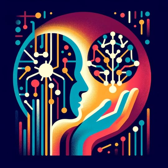 A human with circuits running through its brain with an orb full of colorful circuits floating above his outstretched hand.