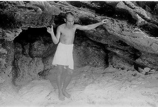 Kabunare outside the cave where he hid Ocean Island 1945 (National Australia Archive)