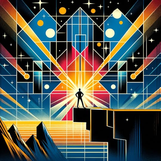 A person standing at the edge of a cliff with abstract shapes in the distance in in the Bauhaus style.