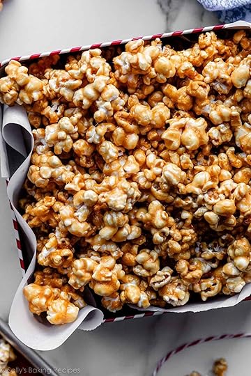 close-up of caramel popcorn in tin.