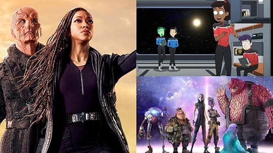 From L to R, characters from Star Trek: Discovery, Star Trek: Lower Decks, and Star Trek: Prodigy.