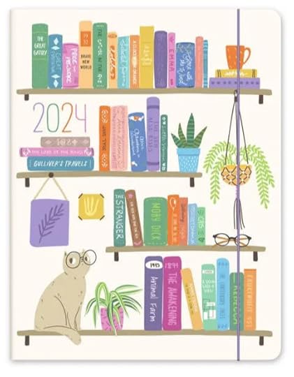 Cover of planner for 2024 illustrating four shelves that hold books, plants, eyeglasses, and a coffee mug. On the lowest shelf sits a cat wearing eyeglasses. 