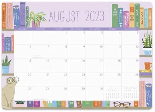 Large calendar page for the month of August 2023 that displays the days of the month in white squares. Surrounding the calendar are illustrations of books, plants, coffee mugs on shelves. In the lower left corner sits a cat wearing eyeglasses.