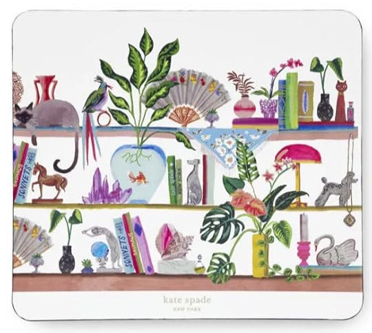 Mousepad with white background and color illustration of three horizontal shelves that display plants, books, candles, vases, figurines, and a goldfish in a bowl.