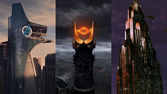 Avengers tower from the MCU, Sauron's fortress from the Lord of the Rings, and the building from 500 Republica in Star Wars.