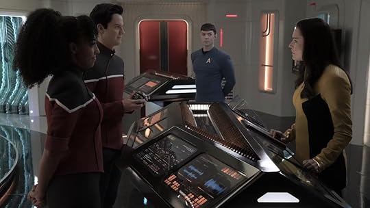Boimler and Mariner talking to Spock and Una in the transporter room