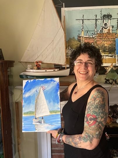 Artist and painting by model of catboat