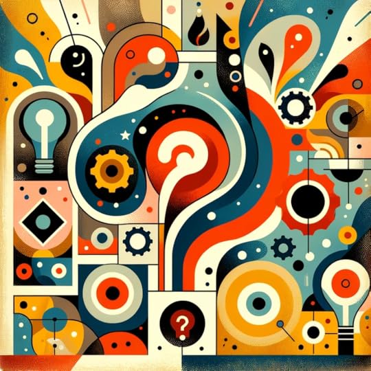 Abstract mid-century modern style thumbnail depicting curiosity in project management. Features symbolic elements like question marks, gears, and lightbulbs in vibrant colors, embodying the theme of innovative thinking and exploration without the use of words.