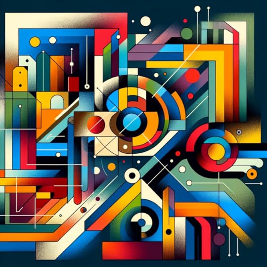 Abstract, mid-century modern style artwork depicting a blend of vibrant colors and geometric shapes, symbolizing the dynamic and harmonious integration of diverse curiosity personality profiles in a modern workplace.