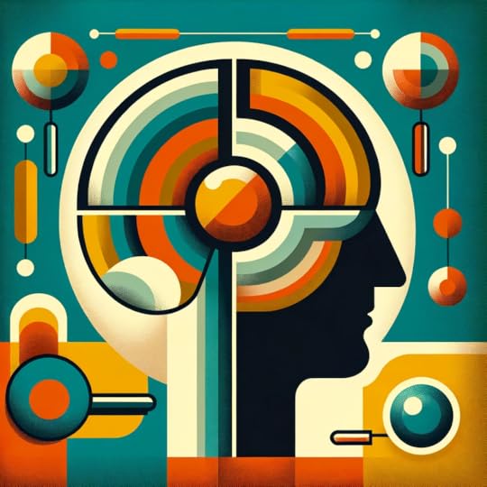 A stylized mid-century modern representation of a human brain, with vibrant colors like oranges, teals, and yellows. Around the brain are abstract shapes suggestive of magnifying glasses, symbolizing exploration and discovery. The background is minimalist with clean lines and geometric shapes, embodying the essence of mid-century modern design.