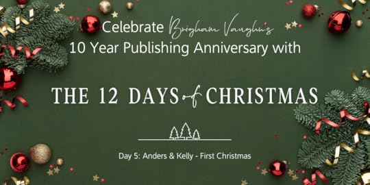 Dark green background with evergreen branches, ornaments, metallic ribbon and confetti. White text saying