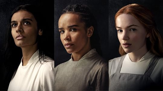 Three side-by-side photos featuring Egwene, Nynaeve, and Elayne portraits on a dark background from The Wheel of Time season two