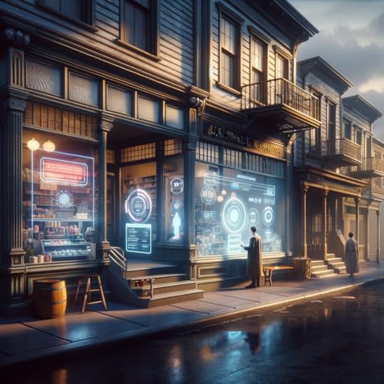 An atmospheric image showcasing a classic American small business from the past, now infused with futuristic AI technology. The scene features a quaint, old-fashioned storefront situated on a serene street. Advanced, non-textual AI elements such as holographic interfaces and interactive displays are integrated into the shop's facade, contrasting with its traditional architecture. The lighting is soft and evocative, creating an interplay of shadows and light that adds depth and mood to the scene. Figures are seen engaging with the modern technology amidst this historical setting, embodying a thoughtful fusion of eras.