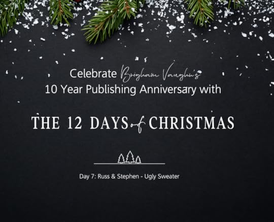 Black background with evergreen branches, snow, and red berries. Red text saying
