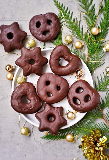 German Lebkuchen with chocolate coating on white plate