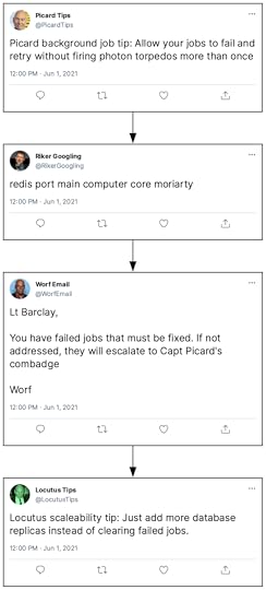 Four fake Mastodon posts with arrows from one to the next in order. First is from user @PicardTips that says 'Picard background job tip: Allow your jobs to fail and retry without firing photon torpedos more than once'. Second is user @RikerGoogling that says 'redis port main computer core moriarty'. Third is user @WorfEmail that says 'Lt Barclay, You have failed jobs that must be fixed. If not addressed, they will escalate to Capt Picard's combadge Worf'. Fourth is user @LocutusTips that says 'Locutus scaleability tip: Just add more database replicas instead of clearing failed jobs.'