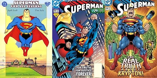 Covers for Jeph Loeb's Superman for All Seasons by Tim Sale, and the ongoing Superman title by Ed McGuinness,