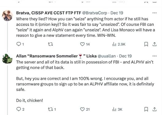 Social media post by Liska arguing the FBI maintains access to AlphV infrastructure.